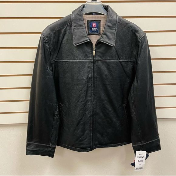 Chaps Menโs Vintage Black Leather Coat Jacket 2XL Gingham Lining Retro Heavy